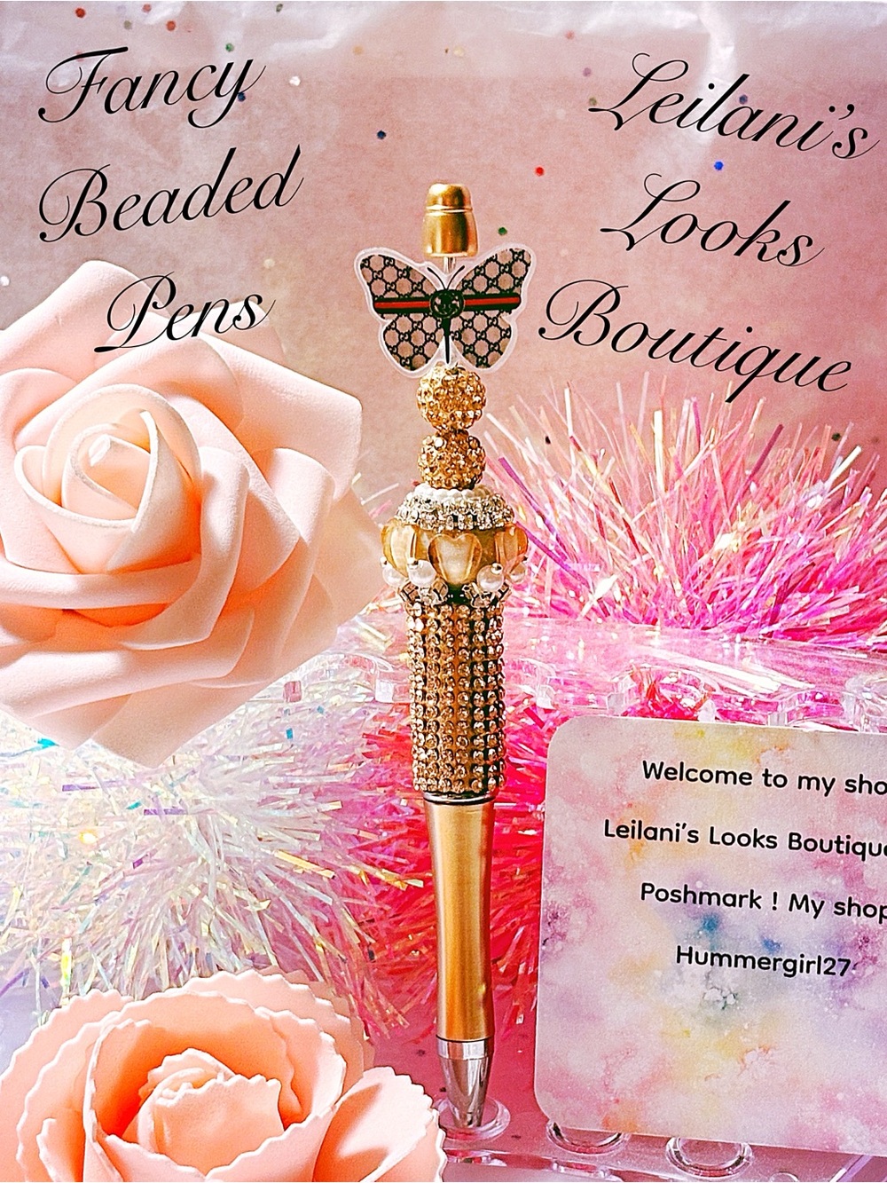 Fancy beaded Pen/gifts/tan beads/tan multicolor butterfly/springtime/girly